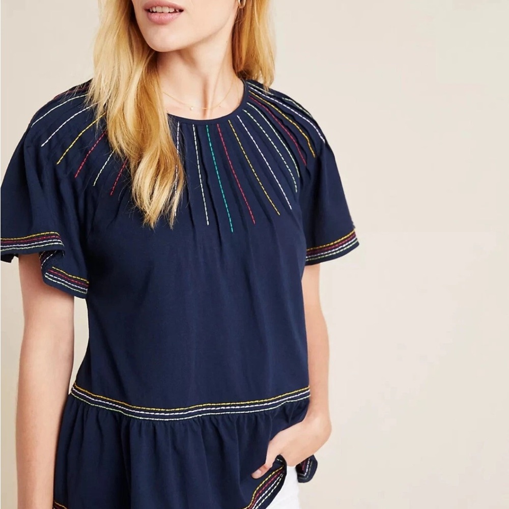 Anthropologie Navy Top with Multicolor Stitching